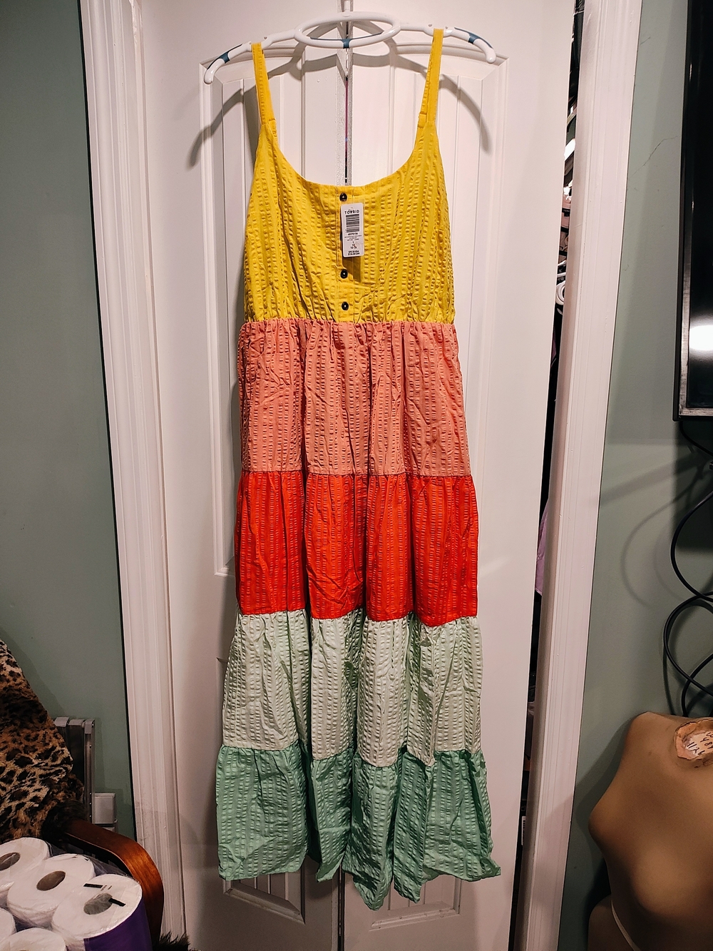torrid Yellow Pink Orange Green Tiered Spaghetti-Strap Maxi Dress